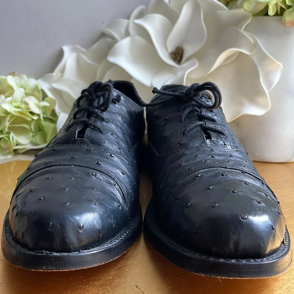 EXOTIC Genuine Ostrich Max Leather USA Cap Toe Oxfords in Black